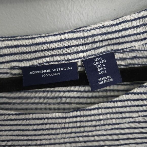 Adrienne Vittadini Navy White Striped 100% Linen Stretch Button Back Top Large - Picture 2 of 10